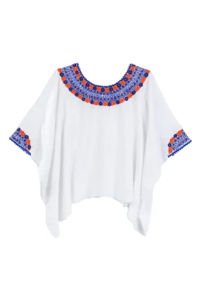 Evelyn Embroidered Guatemalan Top - White, Blue & Orange