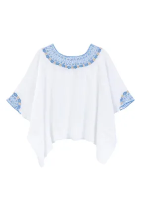 Evelyn Embroidered Guatemalan Top - White, French Blue, & Taupe