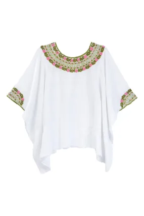 Evelyn Embroidered Guatemalan Top White, Pink, Moss Green