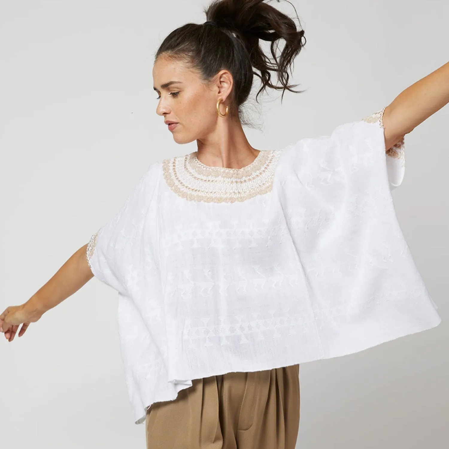 Evelyn Embroidered Guatemalan Top - White, Taupe