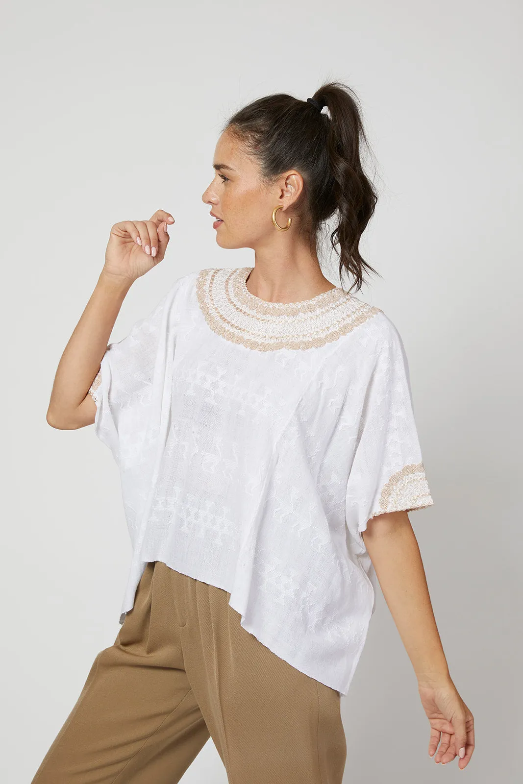 Evelyn Embroidered Guatemalan Top - White, Taupe