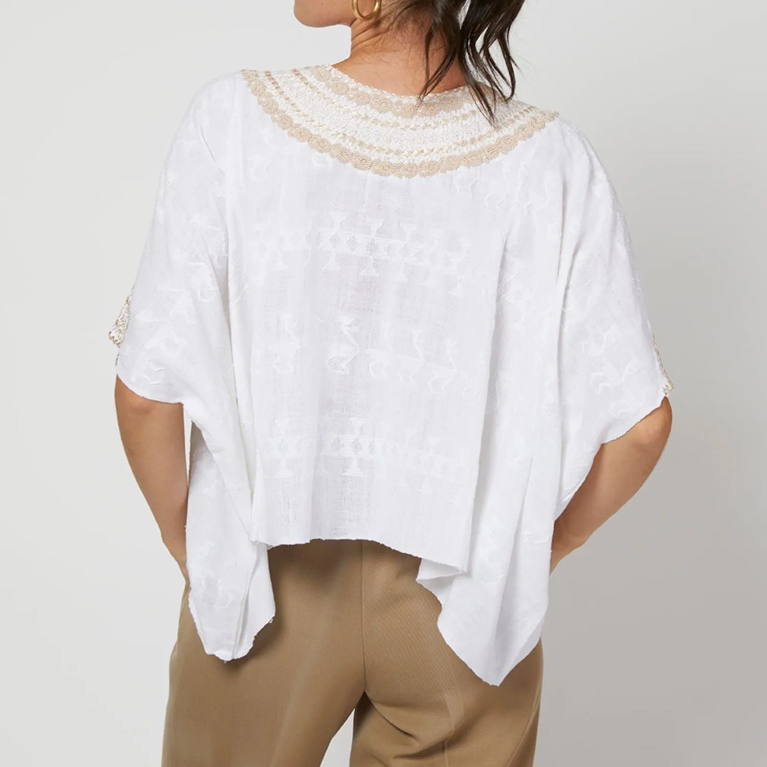 Evelyn Embroidered Guatemalan Top - White, Taupe