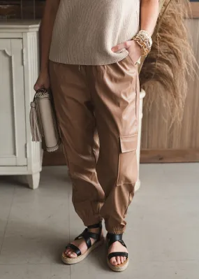 Faux Leather Joggers - Tan