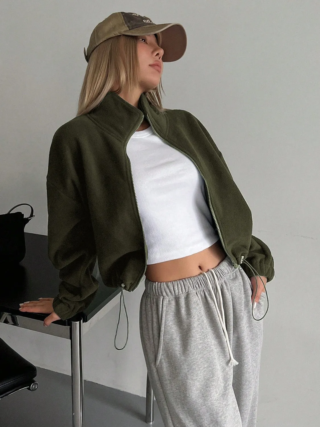 Fleece-y Zip Up Long Sleeve Cropped Jacket