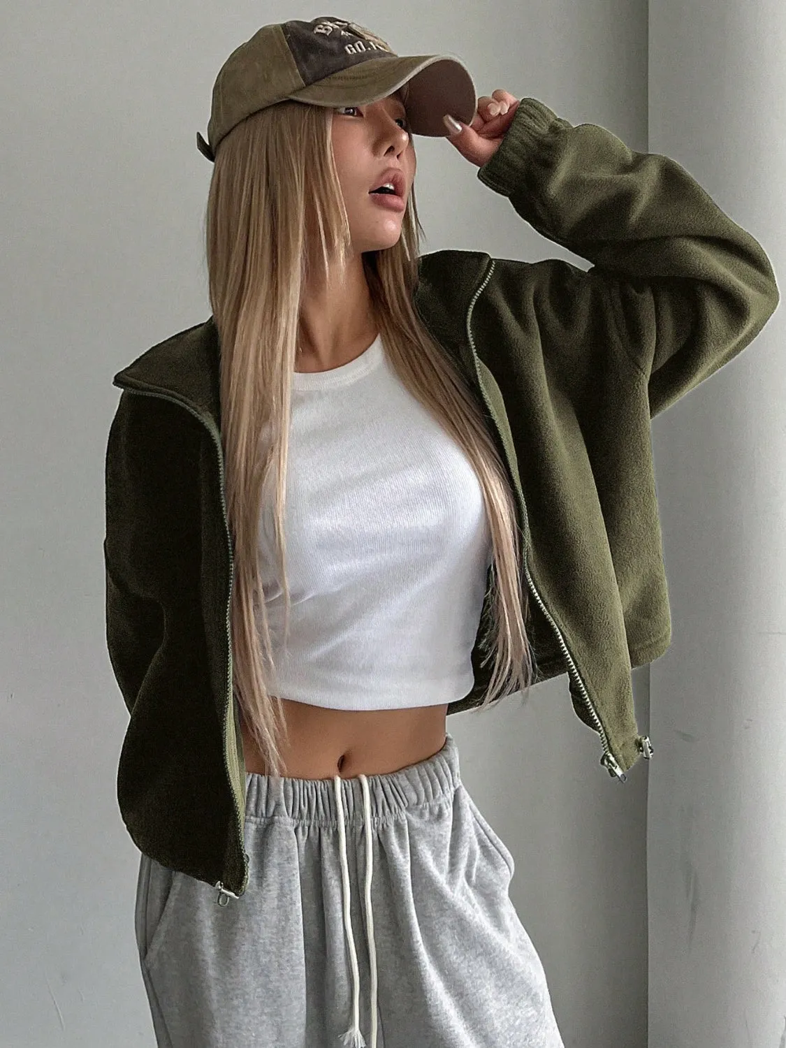 Fleece-y Zip Up Long Sleeve Cropped Jacket