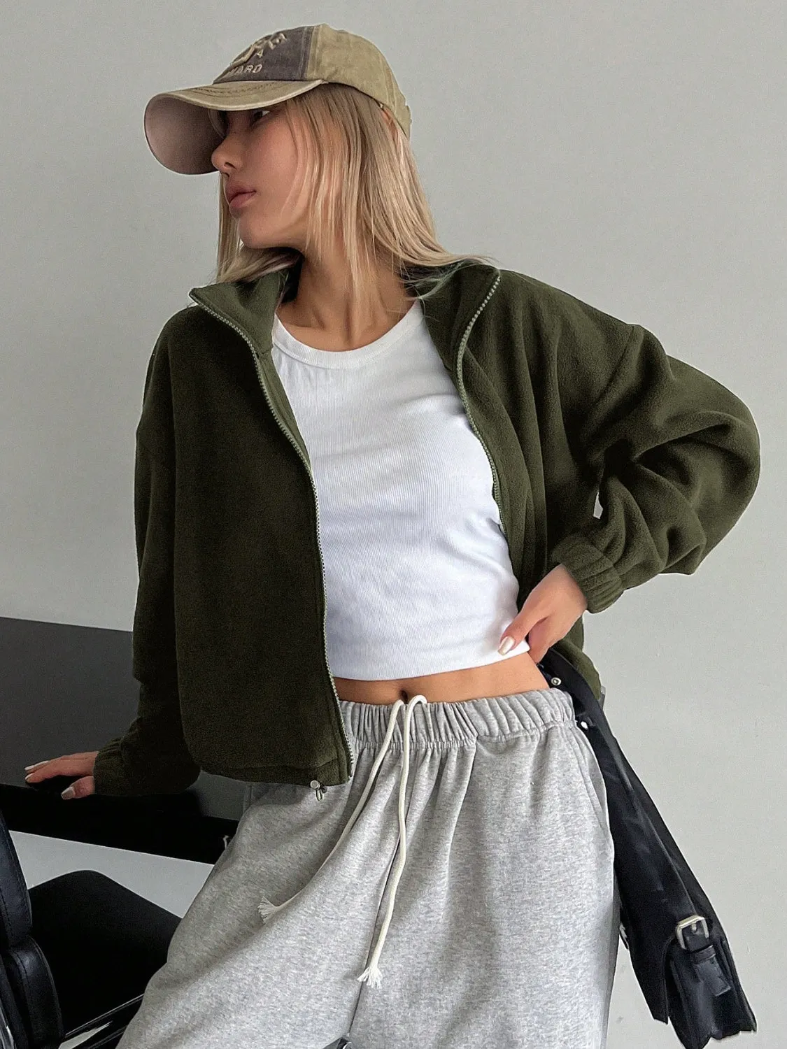 Fleece-y Zip Up Long Sleeve Cropped Jacket