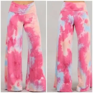 Fuchsia Pink Tie Dye Wide Leg Palazzo Relaxed Fit Foldover Waist Lounge Pants