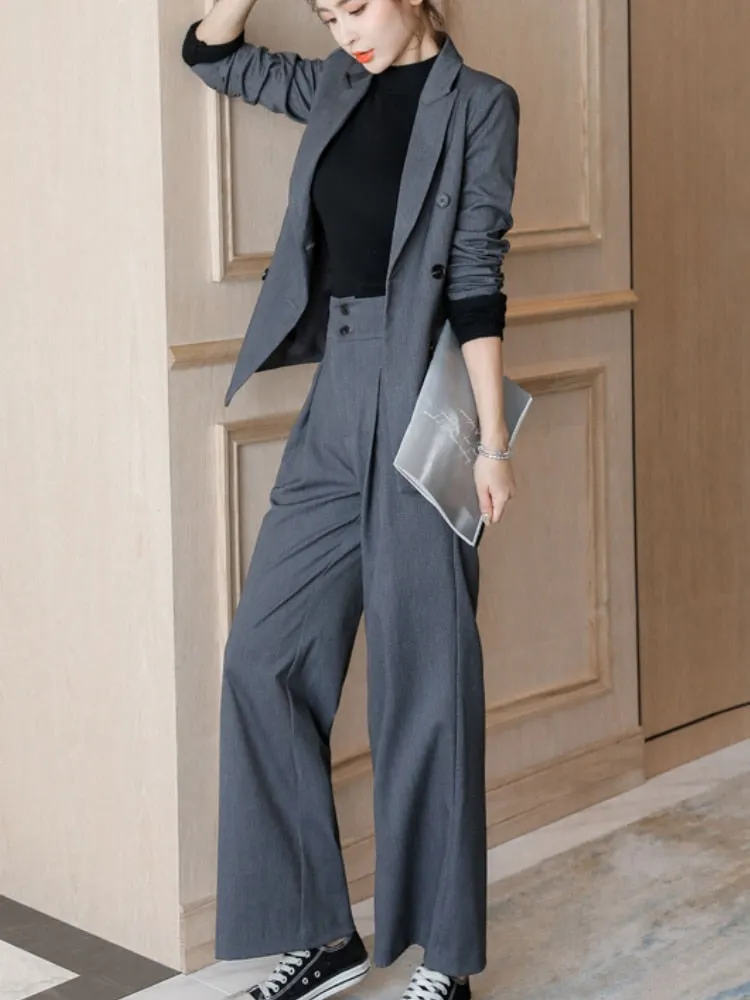 Graduation gift Women's Spring Casual Blazer Pantsuit Fashion Long Sleeve Jacket Wide Leg Pant 2 Piece Set Office Ladies Business Trousers Suit