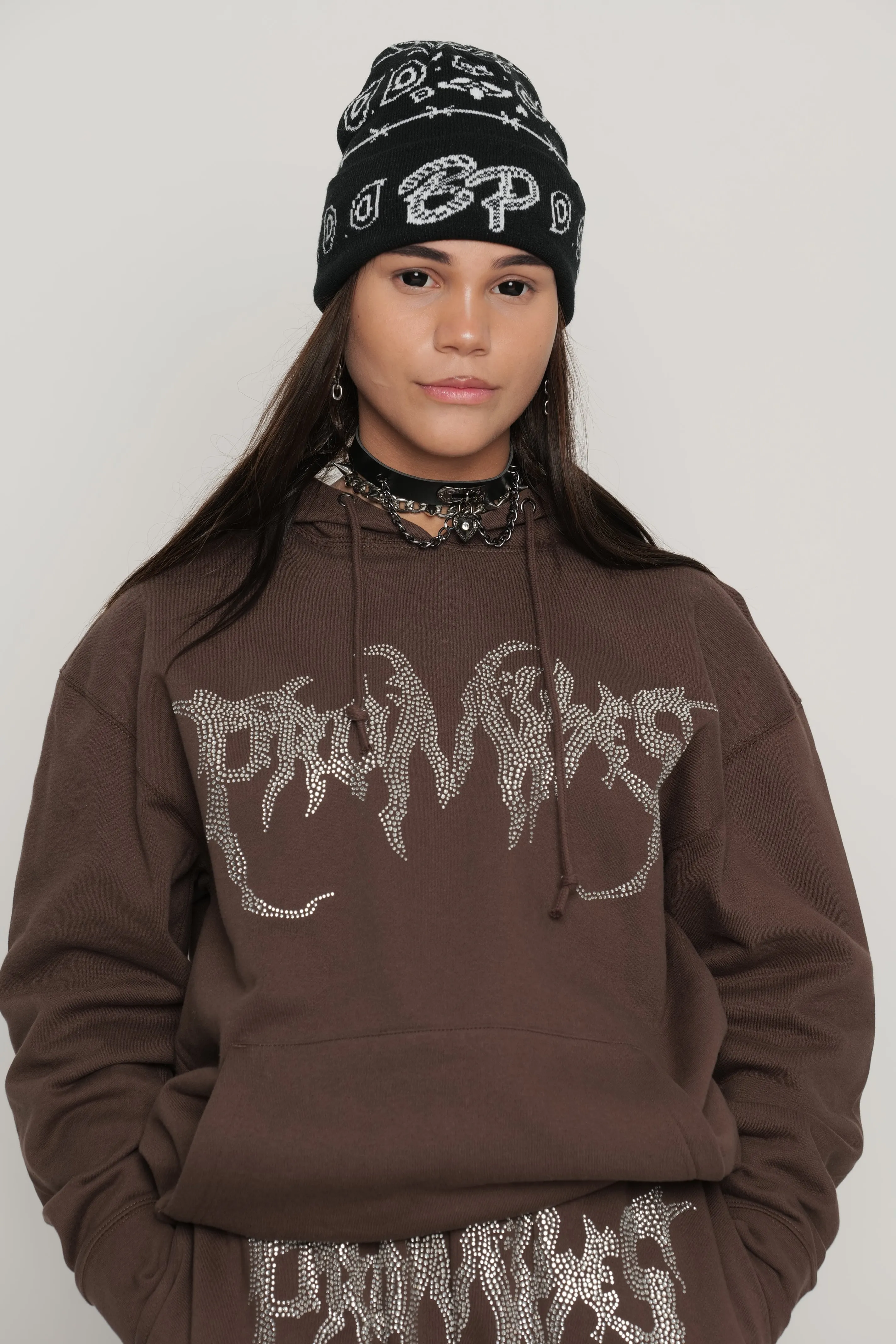 Graveyard Rhinestoned Hoodie Brown