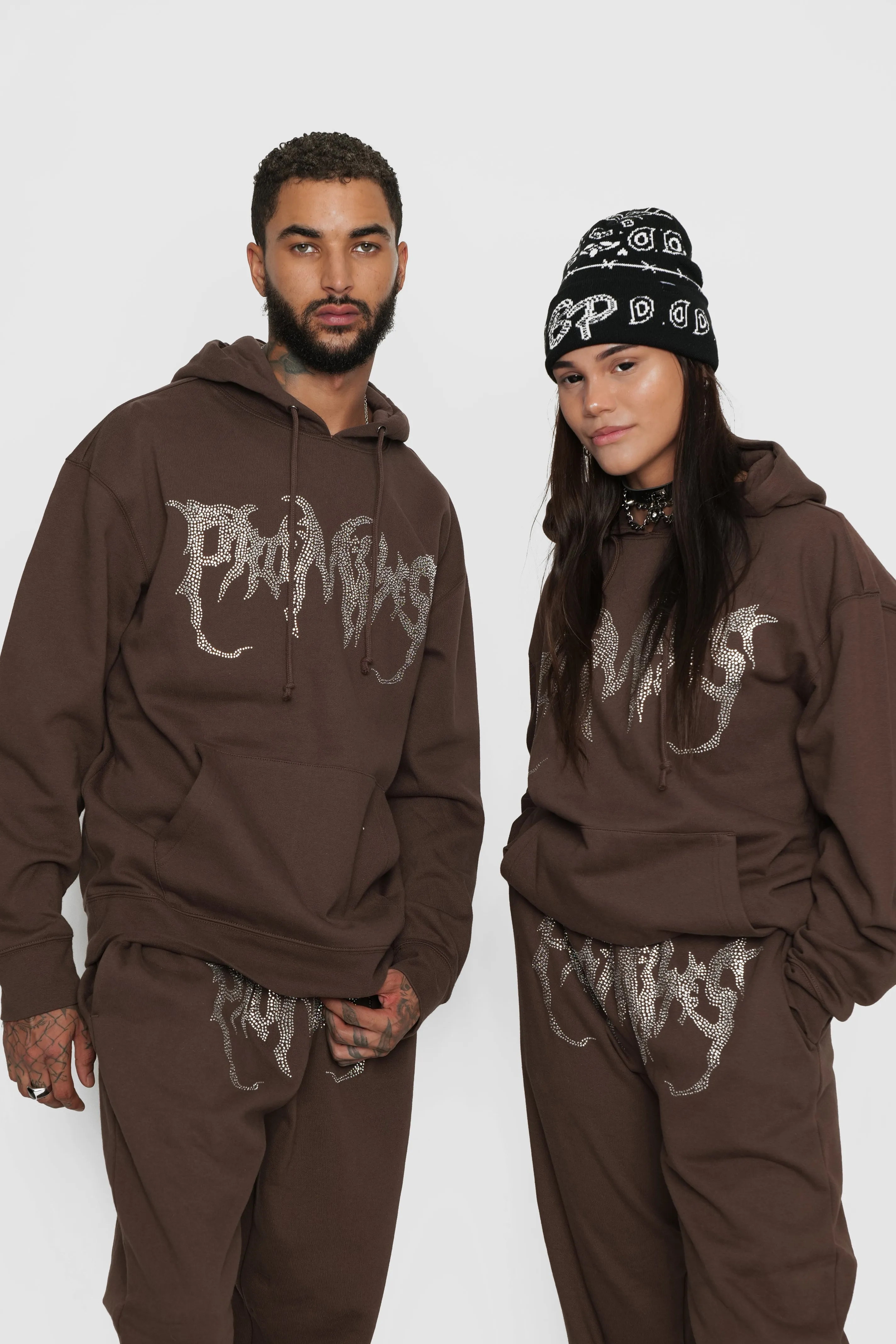 Graveyard Rhinestoned Hoodie Brown