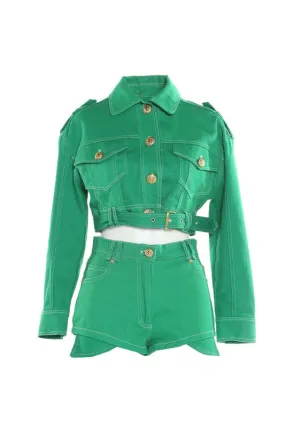 Green Cropped Denim Jacket & Shorts Set