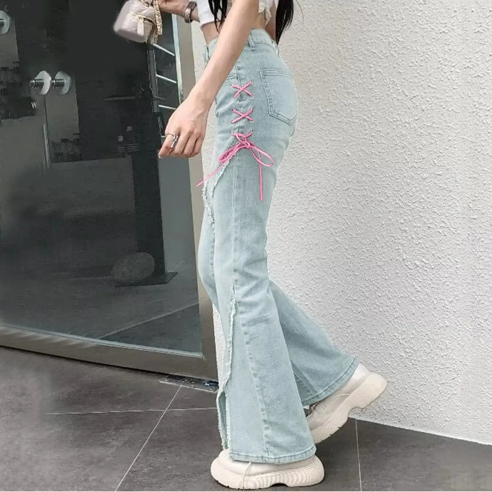 Harajuku High Waist Slim Lace-up Vintage Streetwear Jeans