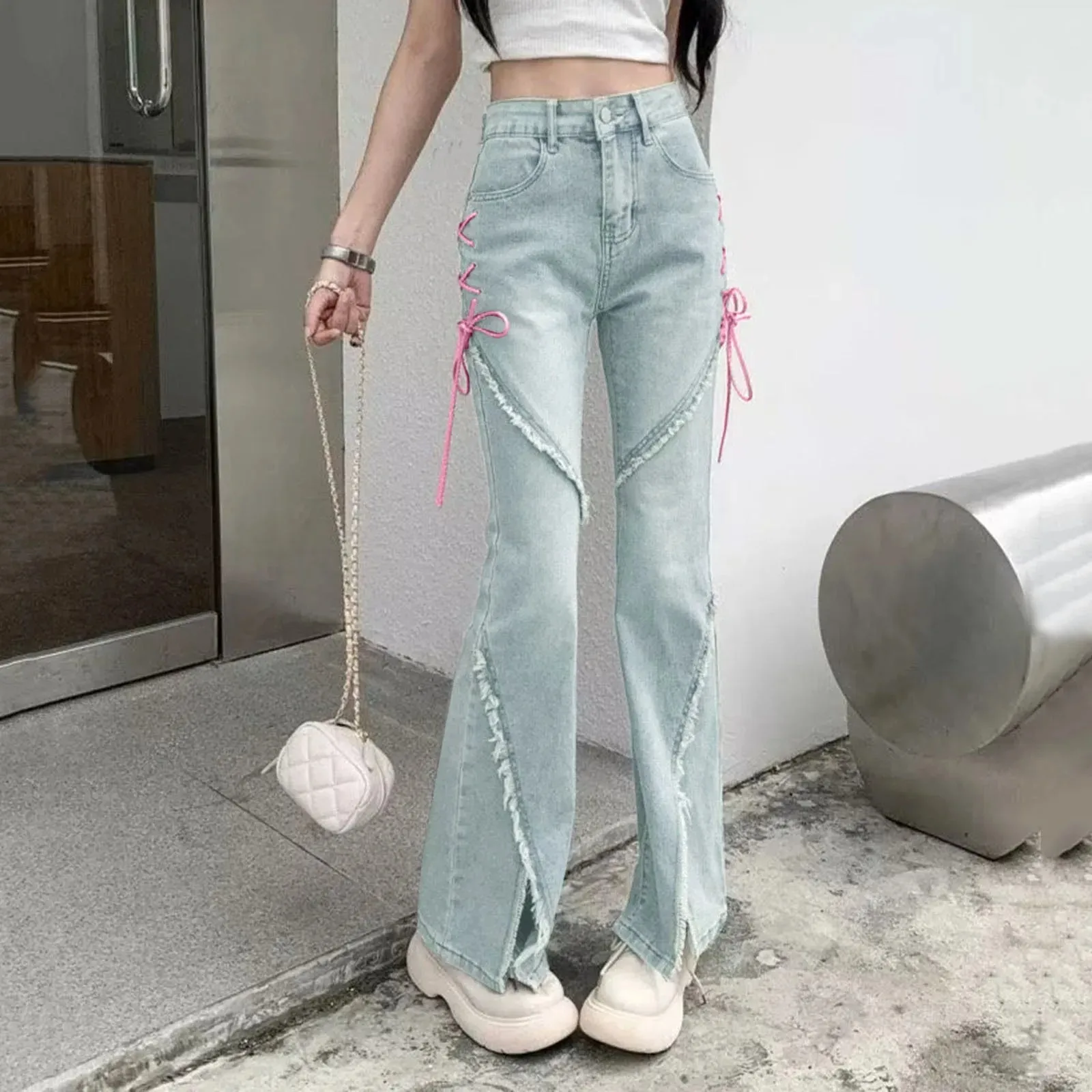 Harajuku High Waist Slim Lace-up Vintage Streetwear Jeans