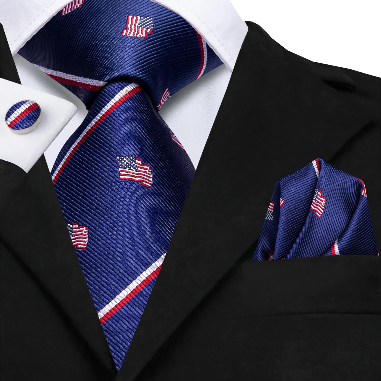 Hi-Tie American Flag Pattern Festival Red White Stripes Blue Tie Set