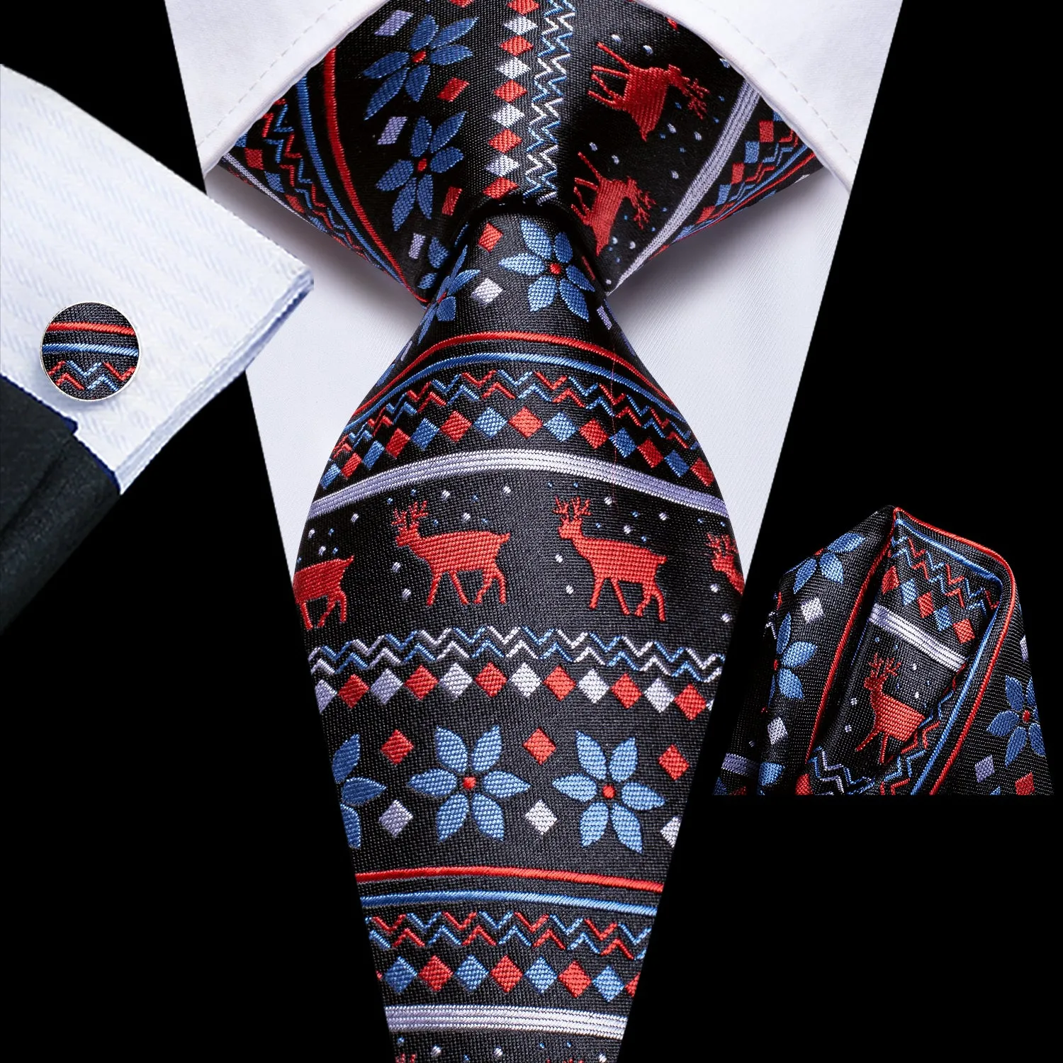 Hi-Tie Black Blue Red Novelty Xmas Necktie Pocket Square Cufflinks Set