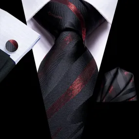 Hi-Tie Black Red Necktie Men's Striped Tie Pocket Square Cufflinks Set