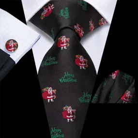 Hi-Tie Black Red Santa Christmas Designer Silk Necktie Set