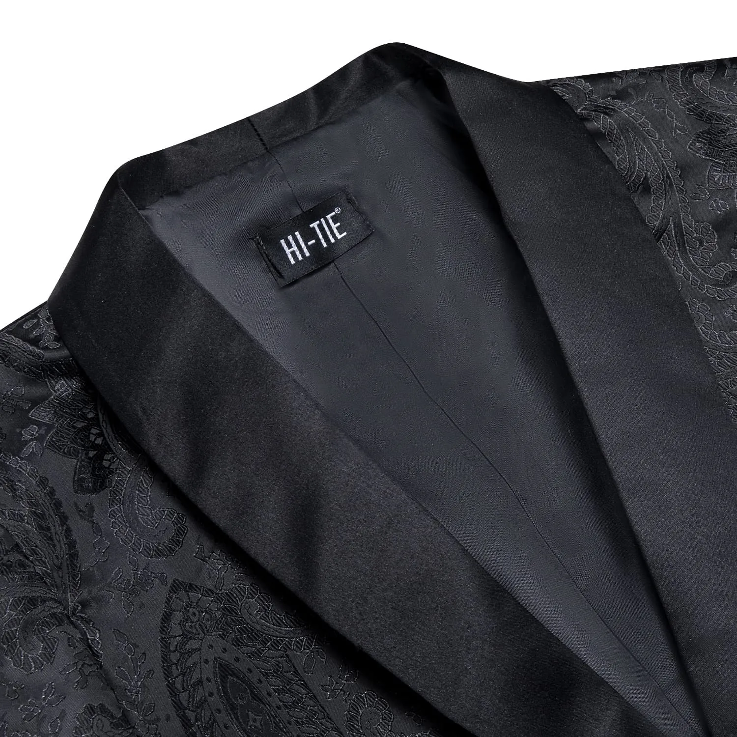 Hi-Tie Black Shawl Collar Black Paisley Blazer Bowtie Suit Set