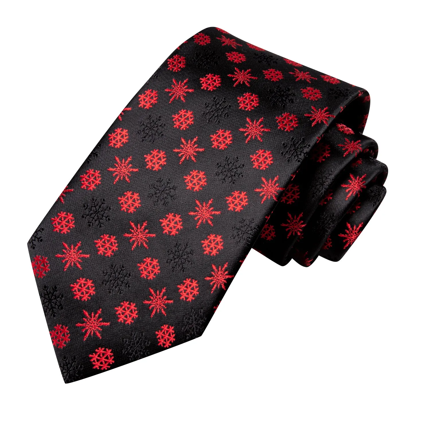 Hi-Tie Black Tie for Men Red Snowflake Neckties Hanky Cufflinks Set