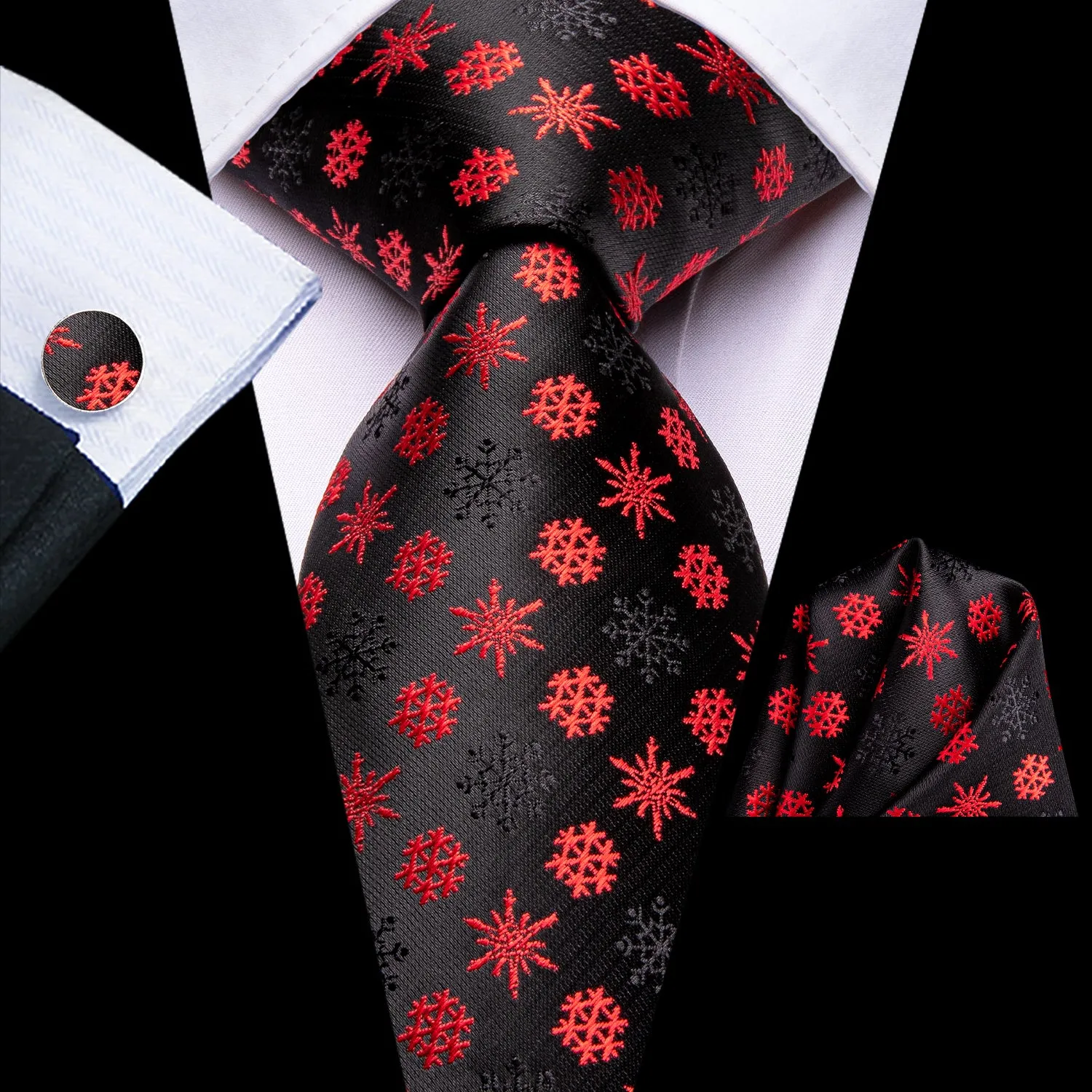 Hi-Tie Black Tie for Men Red Snowflake Neckties Hanky Cufflinks Set