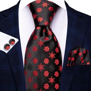 Hi-Tie Black Tie for Men Red Snowflake Neckties Hanky Cufflinks Set