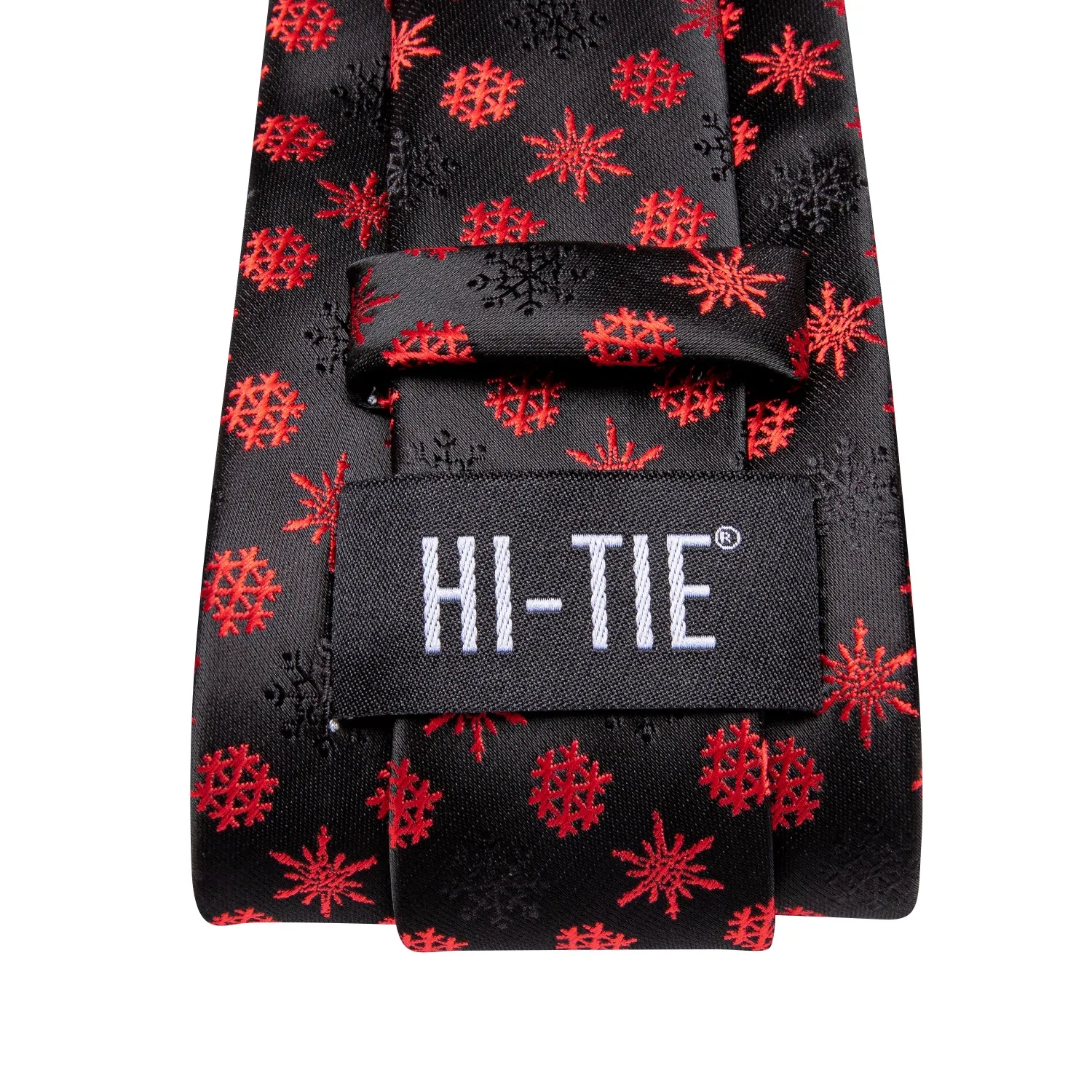 Hi-Tie Black Tie for Men Red Snowflake Neckties Hanky Cufflinks Set