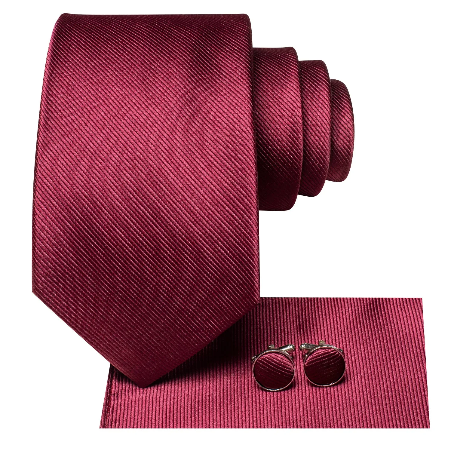 Hi-Tie Burgundy Red Solid Men's Necktie Pocket Square Cufflinks Set