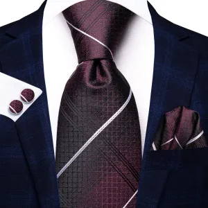 Hi-Tie Burgundy Red White Strip Silk Tie Pocket Square Cufflinks Set