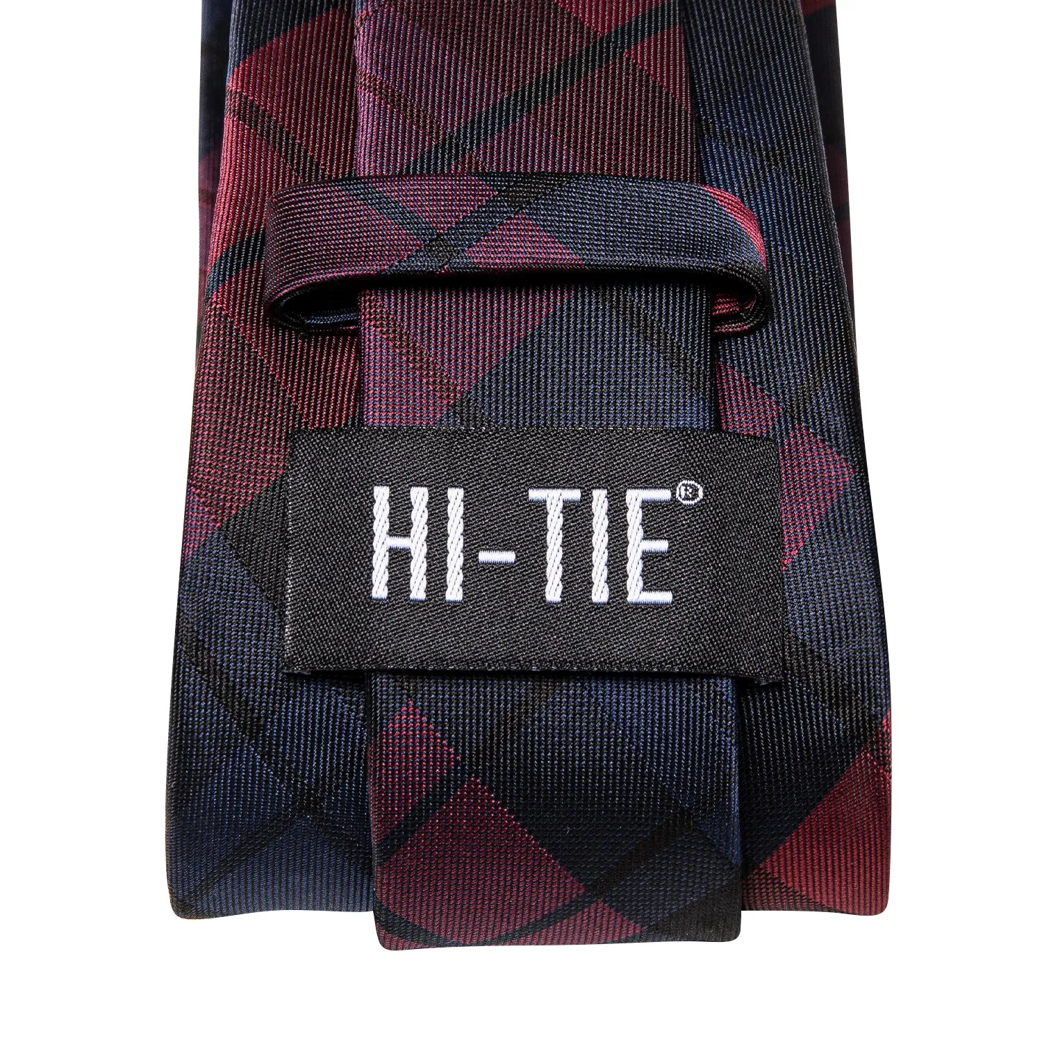 Hi-Tie Checkered Necktie Red Blue Plaid Tie Handkerchief Cufflinks Set