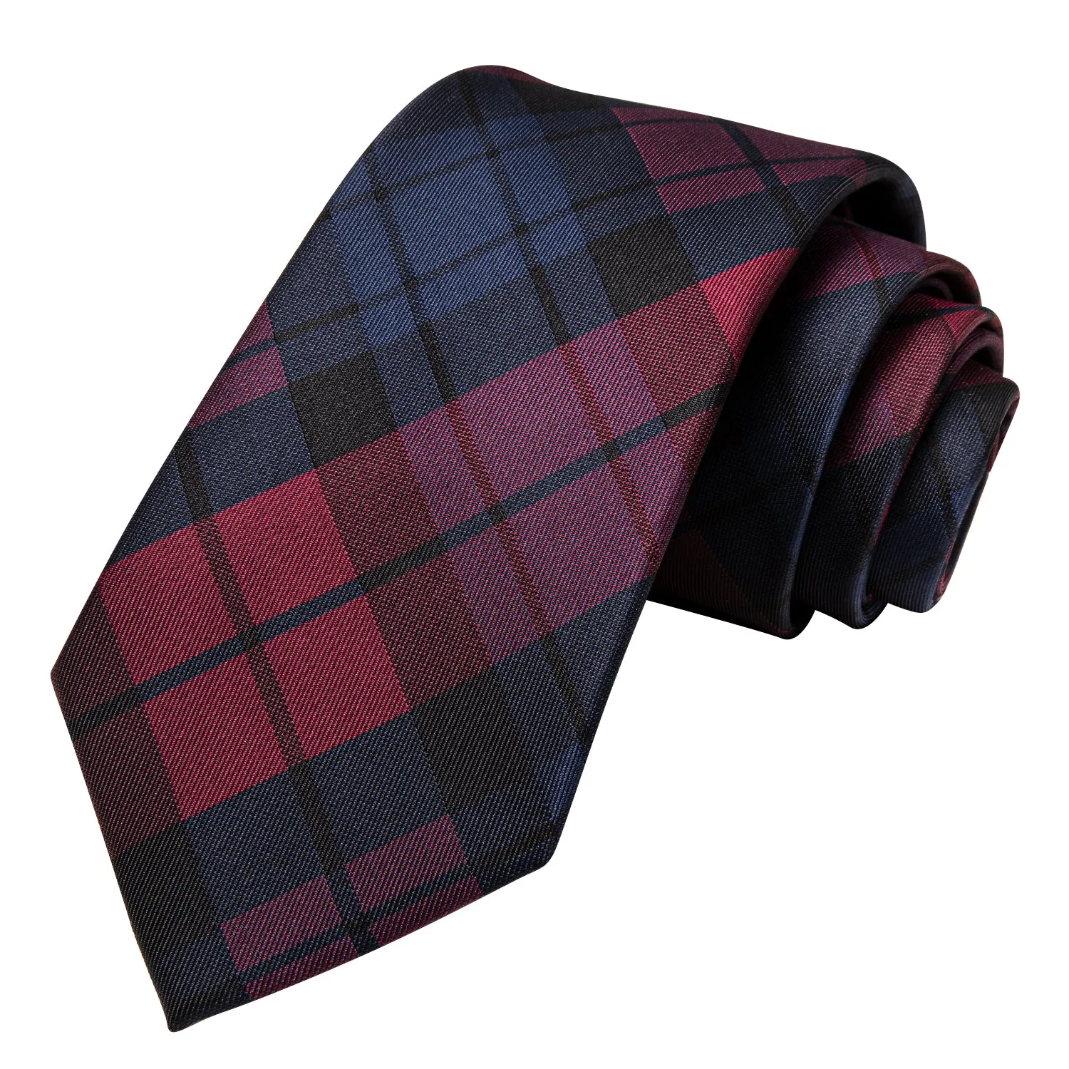 Hi-Tie Checkered Necktie Red Blue Plaid Tie Handkerchief Cufflinks Set