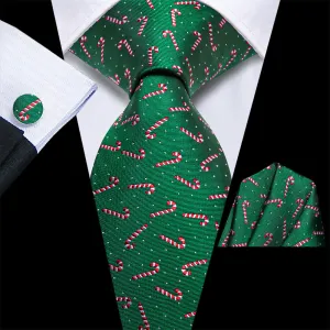 Hi-Tie Christmas Green Red Candy Cane Tie Pocket Square Cufflinks Set