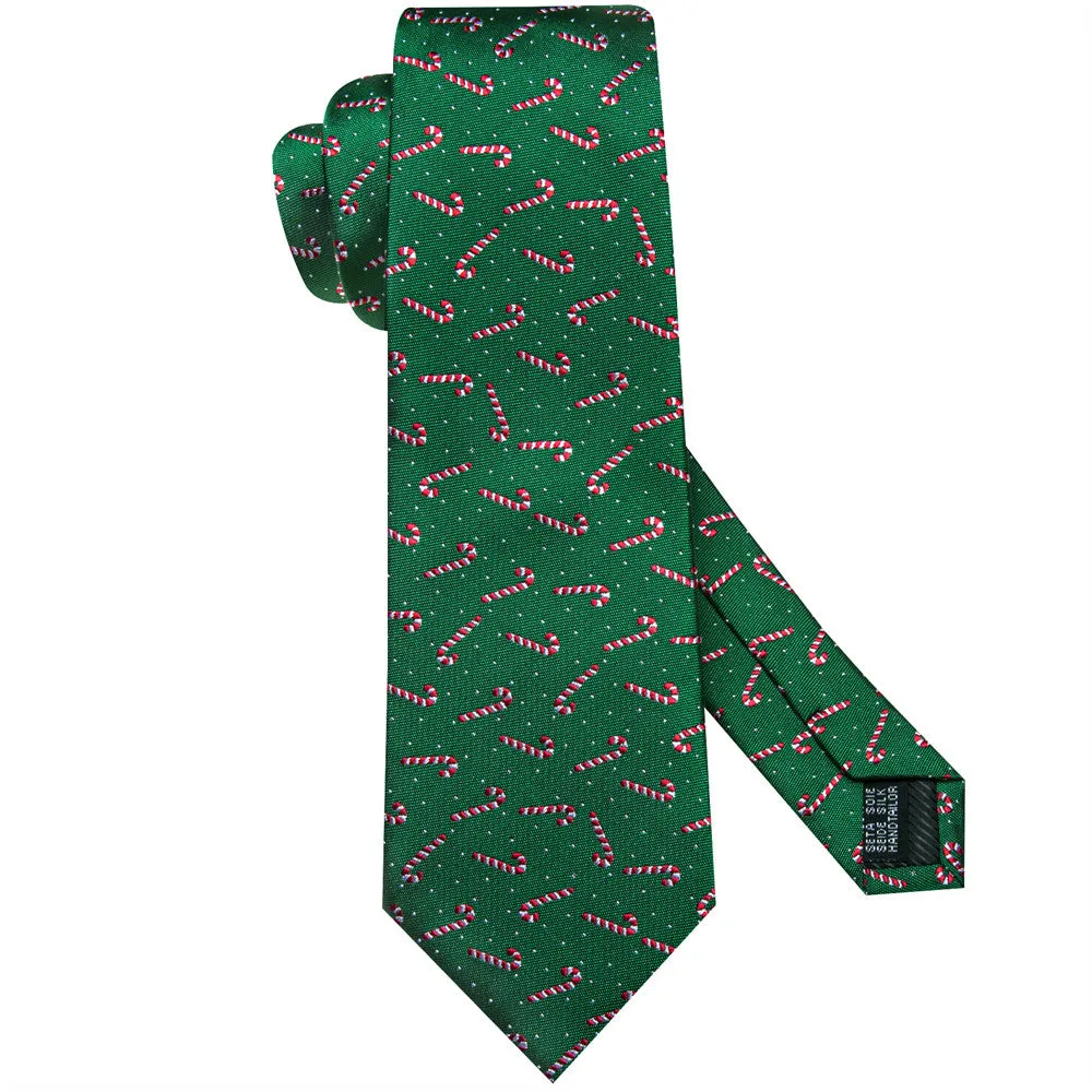 Hi-Tie Christmas Green Red Candy Cane Tie Pocket Square Cufflinks Set