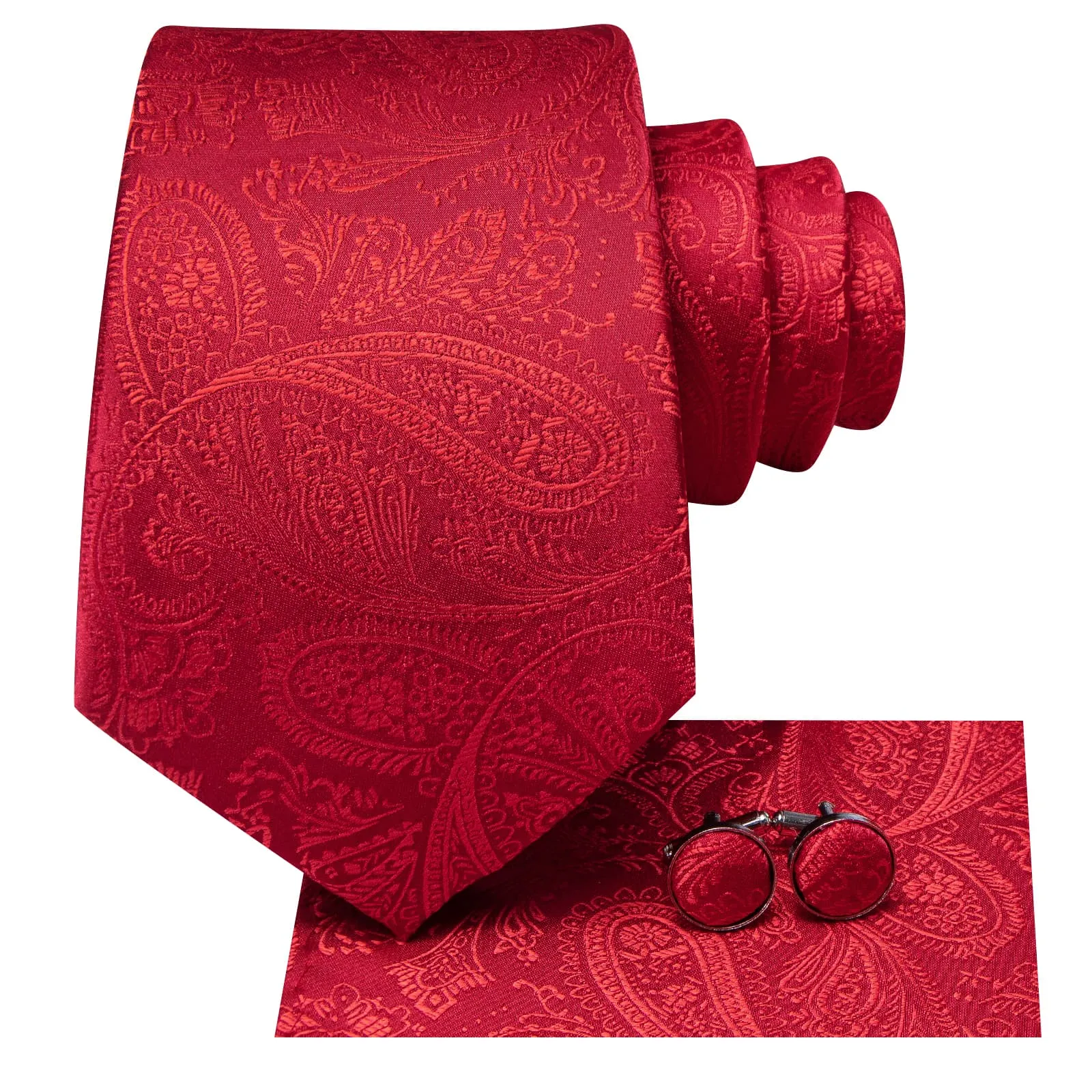 Hi-Tie Classic Red Paisley Silk Mens Tie Handkerchief Cufflinks Set