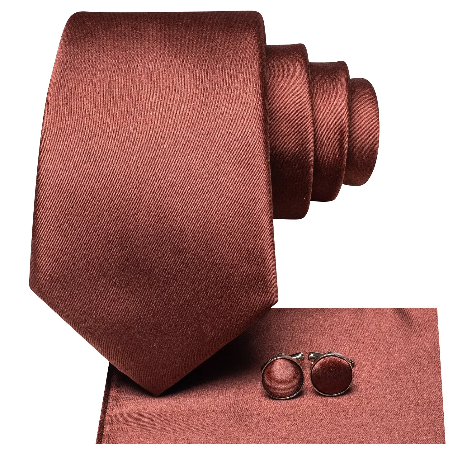 Hi-Tie Copper Rose Red Necktie Mens Solid Silk Tie Hanky Cufflinks Set