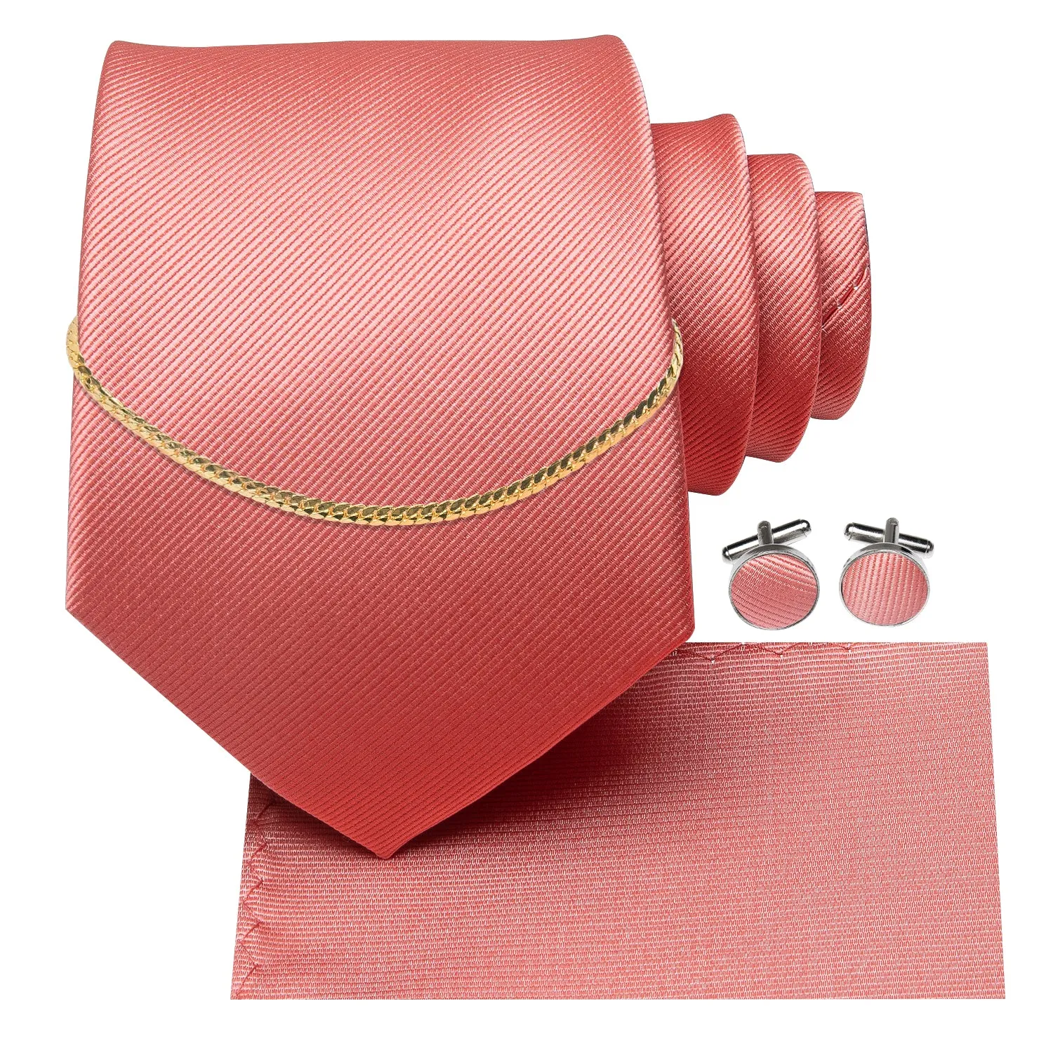 Hi-Tie Coral solid Tie Handkerchief Cufflinks Set With Golden Chain