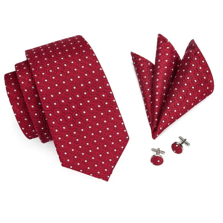 Hi-Tie Dark Red Necktie White Plaid Men's Polka Dots Wedding Tie Set