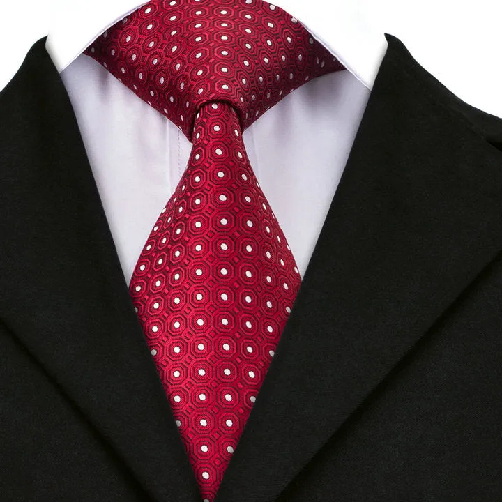 Hi-Tie Dark Red Necktie White Plaid Men's Polka Dots Wedding Tie Set