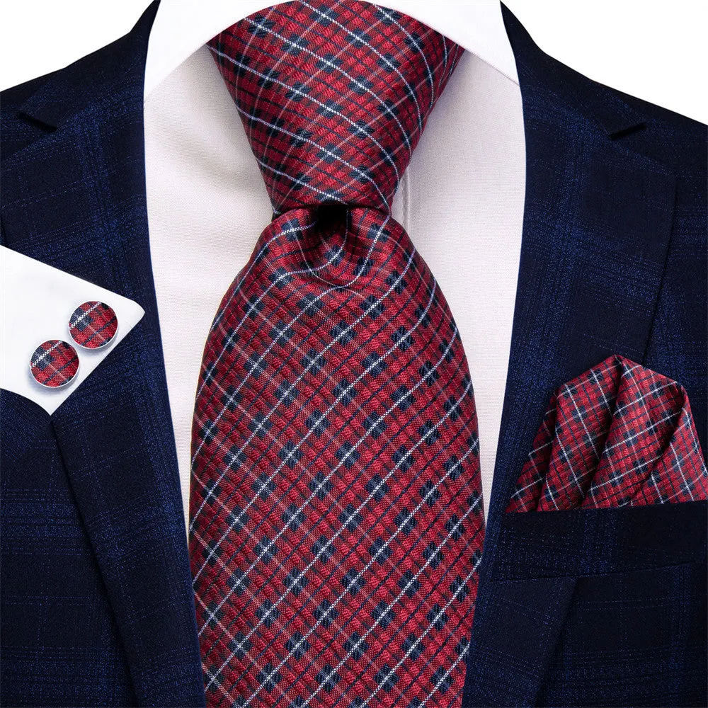 Hi-Tie Dark Red Plaid Silk Mens Dress Tie Hanky Cufflinks Set