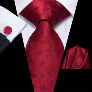 Hi-Tie Dark Red Snow Designer Christmas Tie Pocket Square Cufflinks Set