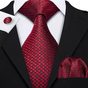 Hi-Tie Dark Red Tie Plaid Mens Red Necktie Handkerchief Cufflinks Set