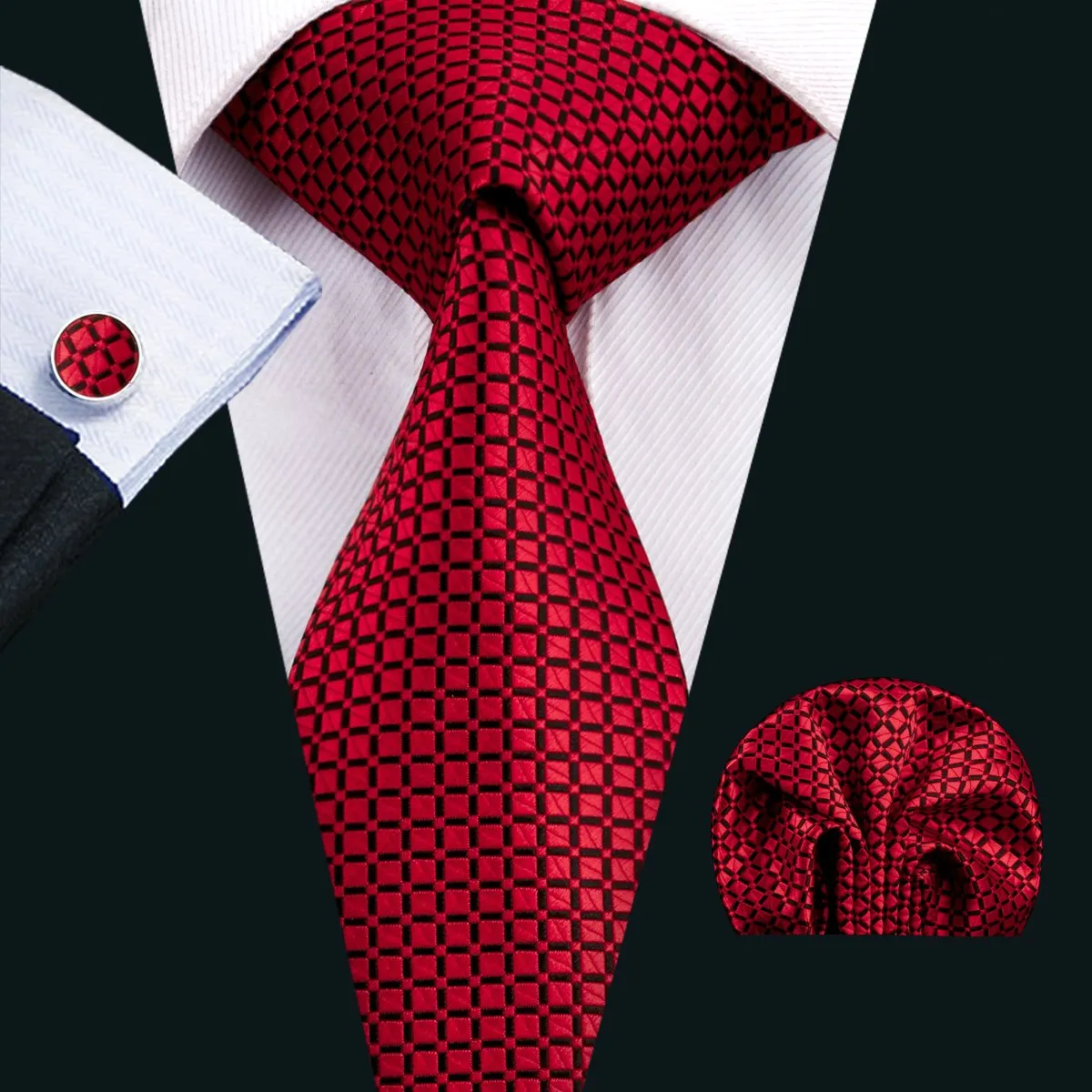 Hi-Tie Fresh Red Plaid Men's Necktie Pocket Square Cufflinks Set