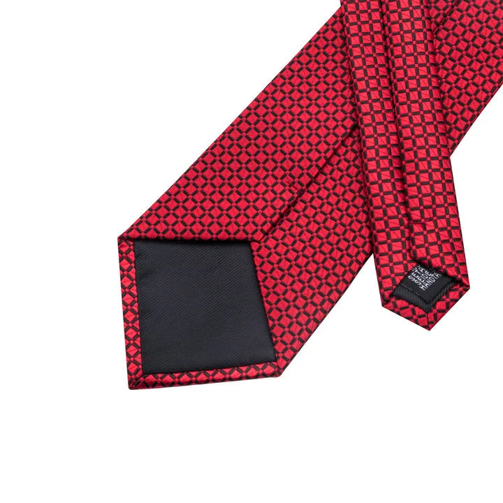 Hi-Tie Fresh Red Plaid Men's Necktie Pocket Square Cufflinks Set