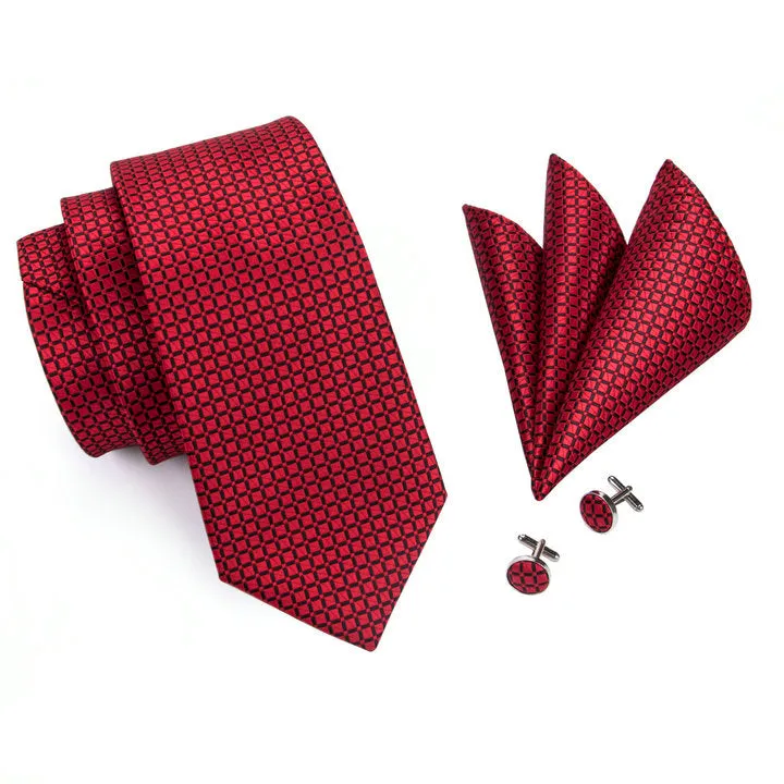 Hi-Tie Fresh Red Plaid Men's Necktie Pocket Square Cufflinks Set