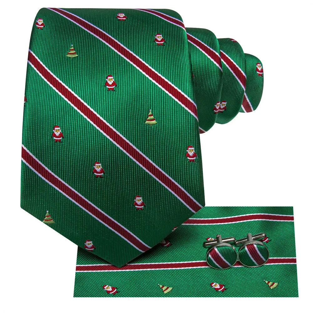 Hi-Tie Green Red Striped Santa Christmas Designer Necktie Set