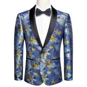 Hi-Tie Luxury Sky Blue Blazer Golden Floral Men Black Shawl Lapel Suit