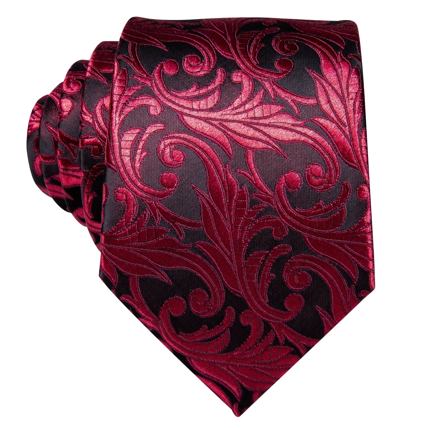 Hi-Tie Men's Red Necktie Black Floral Tie Pocket Square Cufflinks Set