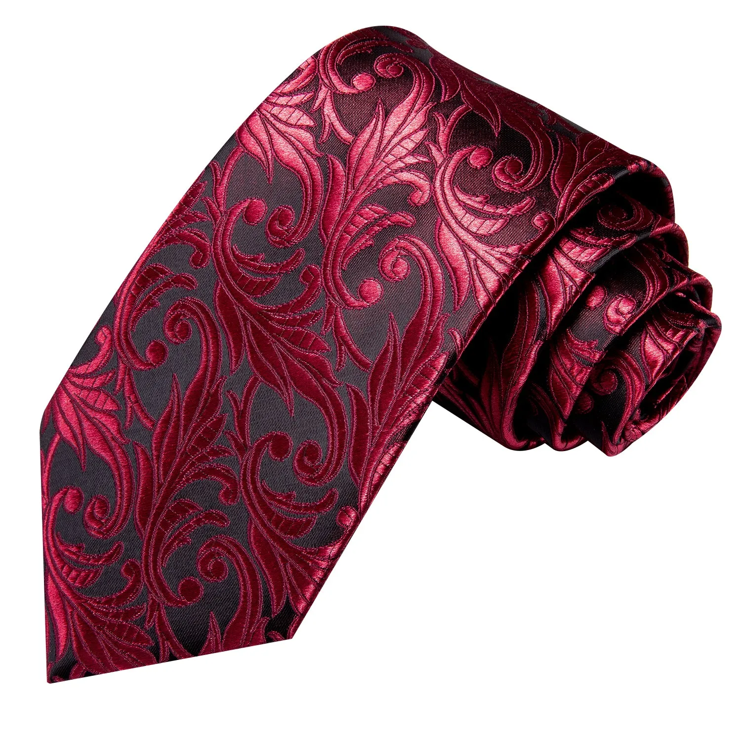 Hi-Tie Men's Red Necktie Black Floral Tie Pocket Square Cufflinks Set