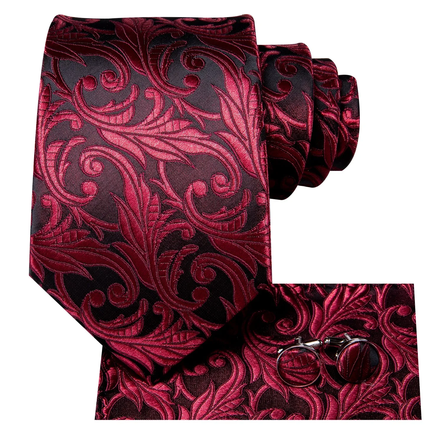 Hi-Tie Men's Red Necktie Black Floral Tie Pocket Square Cufflinks Set