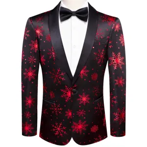 Hi-Tie Mens Silk Suit Black Red Snow Christmas Festival Suit for Men