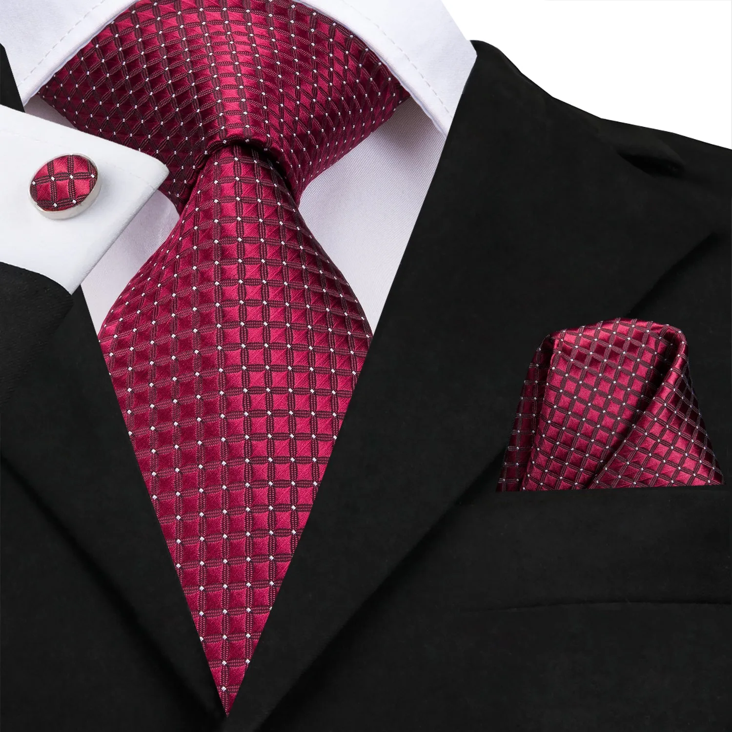 Hi-Tie Men's Tie Burgundy Plaid Necktie Pocket Square Cufflinks Set